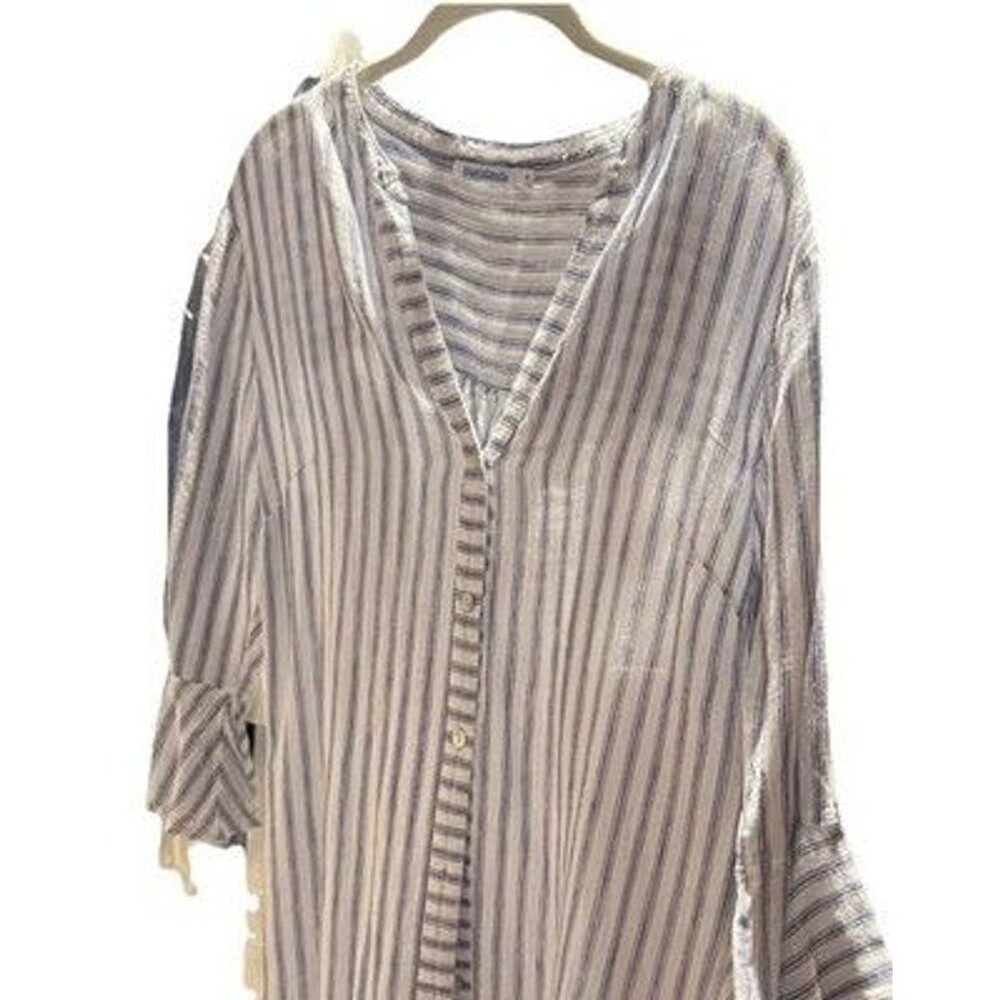 Blue Island Beachy Boho Tunic Cover Up Cream And Blue Stripes Medium